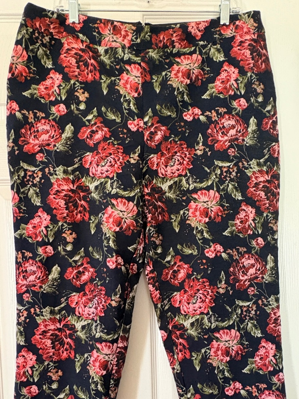 Sugar + lips pull-on pants. Romantic red rose and green foliage floral print .